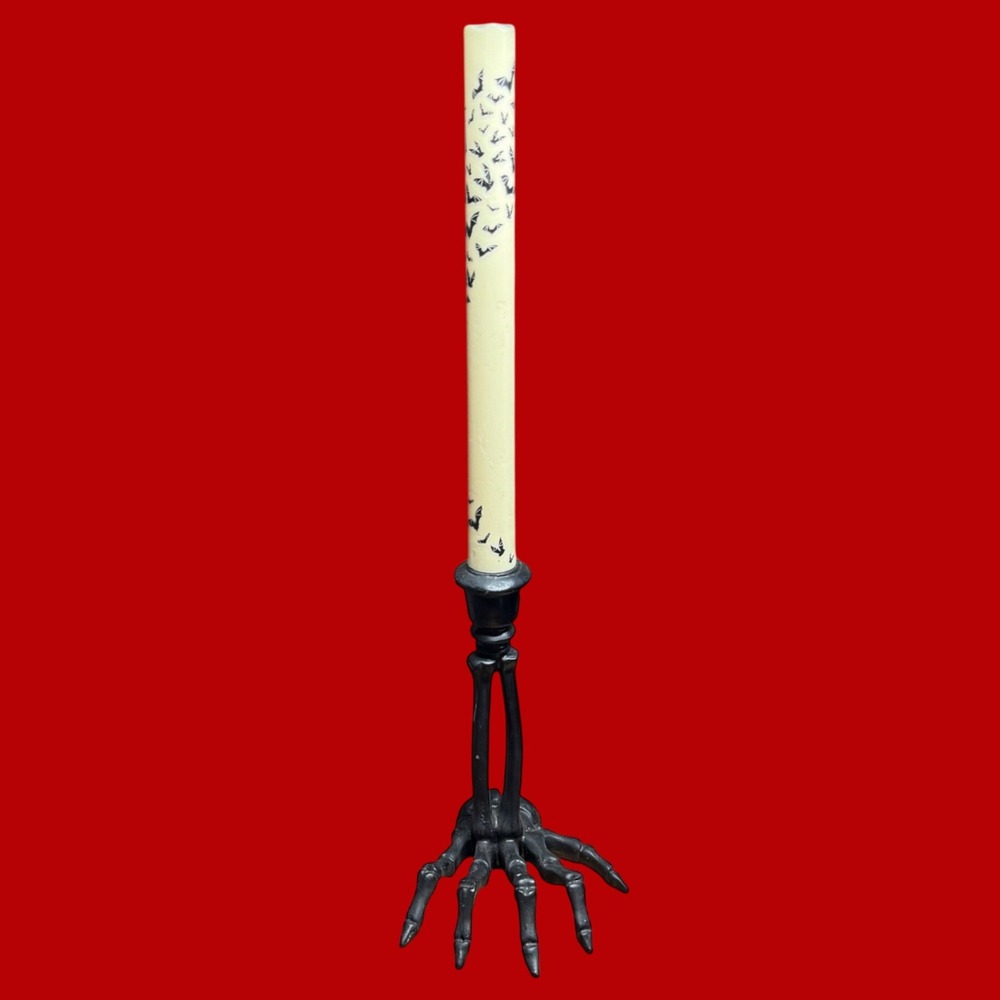 Gothic Skeleton Hand Candle Holder with Bat Print LED Taper Candles Set Black